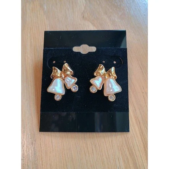 Vintage Bell Earrings Faux Pearl Bow Bell Pierced Holiday Gold White Christmas - Picture 3 of 3